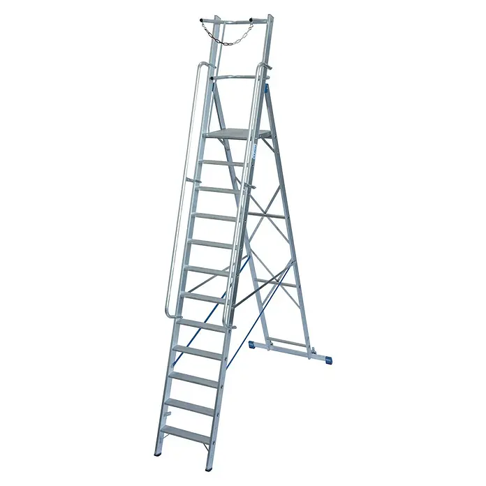Krause Stabilo Stehleiter - Anzahl Tritte: 12 Stk., Arbeitshöhe: 4,8 m, Aluminium, Sicherheitsbügel - Eine hochwertige, silberfarbene Arbeitsplattform-Leiter von Krause für sicheres Arbeiten in der Höhe.