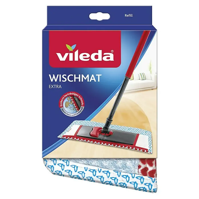 Vileda Ersatz-Bezug Wischmat Extra - Materialspezifizierung: CollexTex, Mikrofaser - Eine Packung Vileda Wischmat Extra Bodenwischer, mit rotem Griff und einem blauen und weißen Mopp. Ideal für die Reinigung von Hartböden.