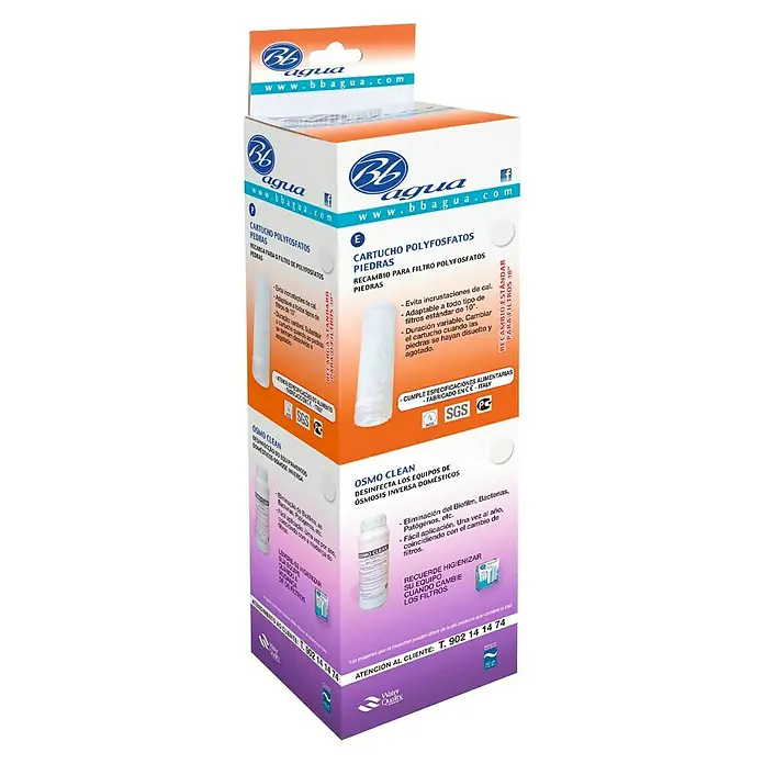 Bb agua Limpiador osmosis Osmo Clean - 500 ml, Apto para: Equipos de ósmosis - Embalaje del producto BBagua para filtros de polifosfato y Osmo Clean, para limpiar equipos de ósmosis y evitar la acumulación de cal.