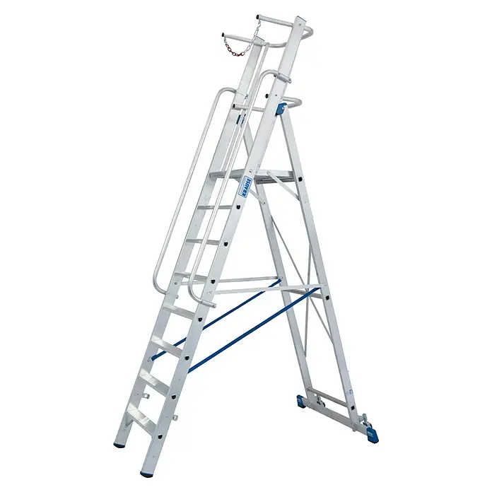 Krause Stabilo Stehleiter - Anzahl Tritte: 8 Stk., Arbeitshöhe: 3,9 m, Aluminium, Sicherheitsbügel - Eine Aluminium-Arbeitsplattformleiter von Krause mit Handlauf und rotem Werkzeughalter.