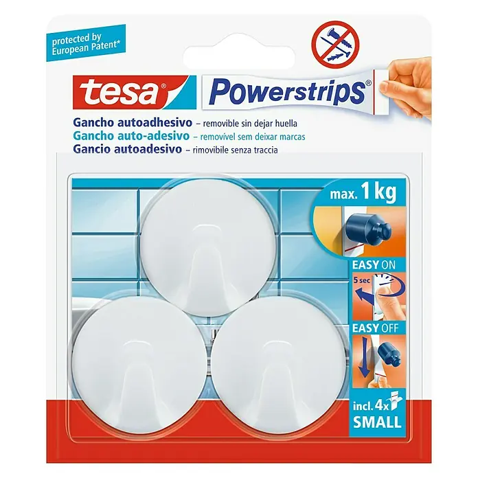 Tesa Powerstrips Gancho autoadhesivo Mini Redondo - Blanco - Paquete de ganchos Tesa Powerstrips, autoadhesivos y removibles sin dejar rastro, para una carga máxima de 1 kg, incl. 4x SMALL.