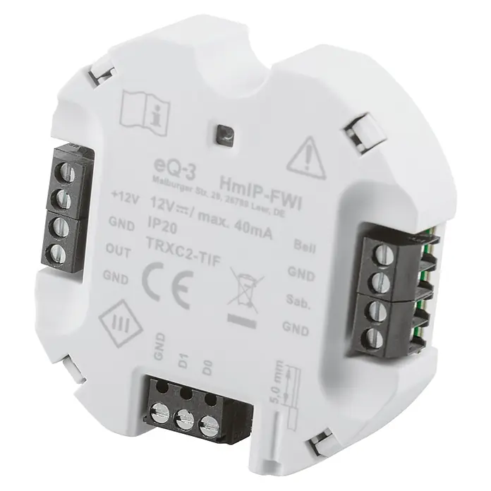 Homematic IP Funk-Schaltermodul Wiegand-Schnittstelle HmIP-FWI - Passend für: Wiegand-fähige Endgeräte - Nahaufnahme eines eQ-3 HmIP-FWI Funk-Schaltaktor für Smart Home Anwendungen mit detaillierten Beschriftungen und Anschlüssen.