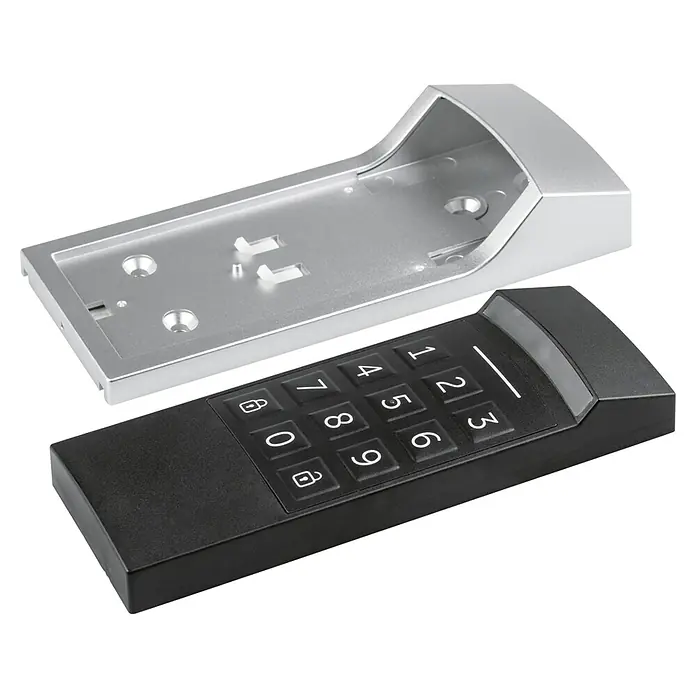 Homematic IP Tastenfeld Keypad HmIP-WKP - Batteriebetrieben - Eine silberne Schlüsseltresor-Box mit einem schwarzen Tastenfeld mit Zahlen, zur sicheren Aufbewahrung von Schlüsseln.
