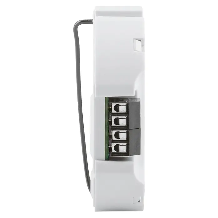 Homematic IP Funk-Schaltermodul Wiegand-Schnittstelle HmIP-FWI - Passend für: Wiegand-fähige Endgeräte - Seitenansicht einer weißen Elektronikkomponente mit grauer Verkabelung und einem schwarzen Anschlussblock mit vier Anschlüssen.
