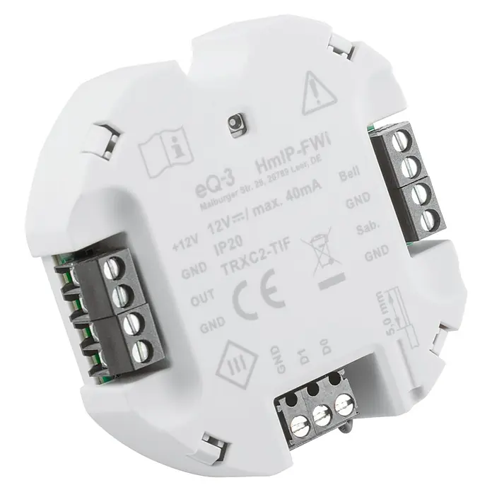 Homematic IP Funk-Schaltermodul Wiegand-Schnittstelle HmIP-FWI - Passend für: Wiegand-fähige Endgeräte - Nahaufnahme des Homematic IP-FWI-Geräts, das für seine Smart-Home-Funktionen und Konnektivitätsoptionen bekannt ist.