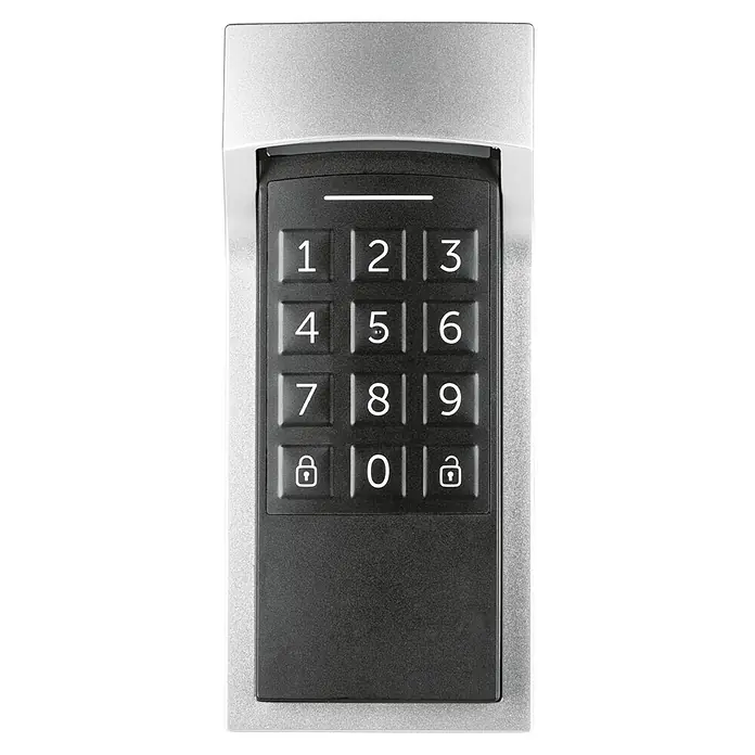 Homematic IP Tastenfeld Keypad HmIP-WKP - Batteriebetrieben - Nahaufnahme eines digitalen Türschlosses mit Zahlentastenfeld und silbernem Rahmen.