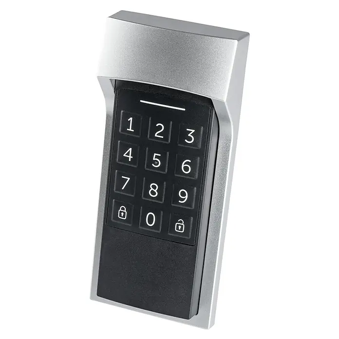 Homematic IP Tastenfeld Keypad HmIP-WKP - Batteriebetrieben - Nahaufnahme einer elektronischen Tastatur für Türschlösser in Silber und Schwarz, die Sicherheit und modernen Komfort vereint.