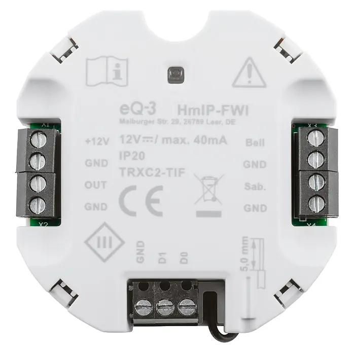 Homematic IP Funk-Schaltermodul Wiegand-Schnittstelle HmIP-FWI - Passend für: Wiegand-fähige Endgeräte - Nahaufnahme des eQ-3 HmIP-FWI Smart Home Gerätes mit verschiedenen Anschlüssen und Zertifizierungen.