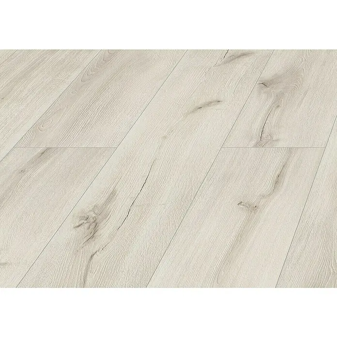 LOGOCLIC Laminado Roble Rimini - 1.375 x 188 x 12 mm, AC5 - Primer plano de un suelo laminado de color claro que muestra su aspecto moderno y elegante. La veta de la madera es claramente visible.