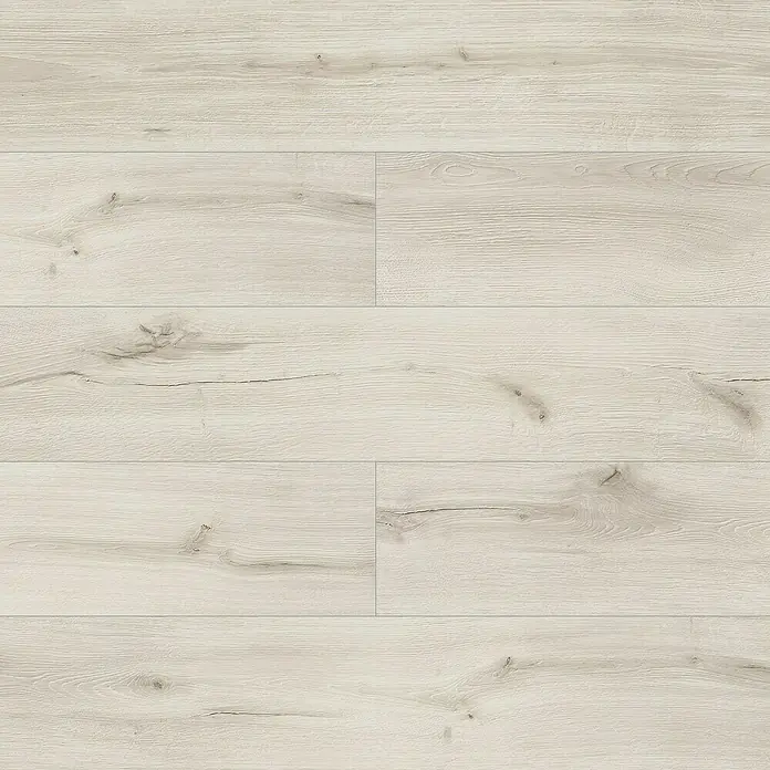 LOGOCLIC Laminado Roble Rimini - 1.375 x 188 x 12 mm, AC5 - Patrón de suelo laminado claro con vetas y nudos para un aspecto natural. Ideal para espacios de vida modernos con un toque escandinavo.