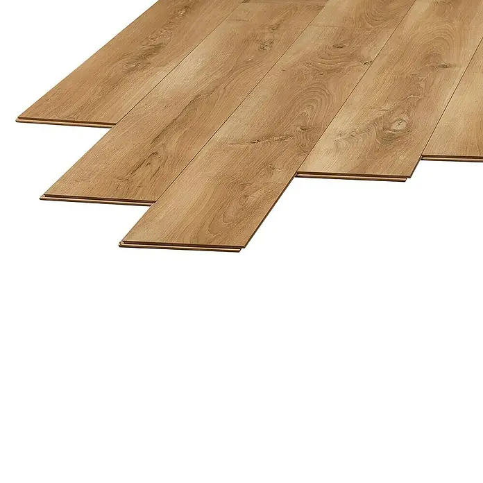 LOGOCLIC Laminado Roble Celtic - 1.375 x 188 x 12 mm, Roble, AC5 - Primer plano de suelo laminado, destacando la textura y el sistema de enclavamiento del producto.