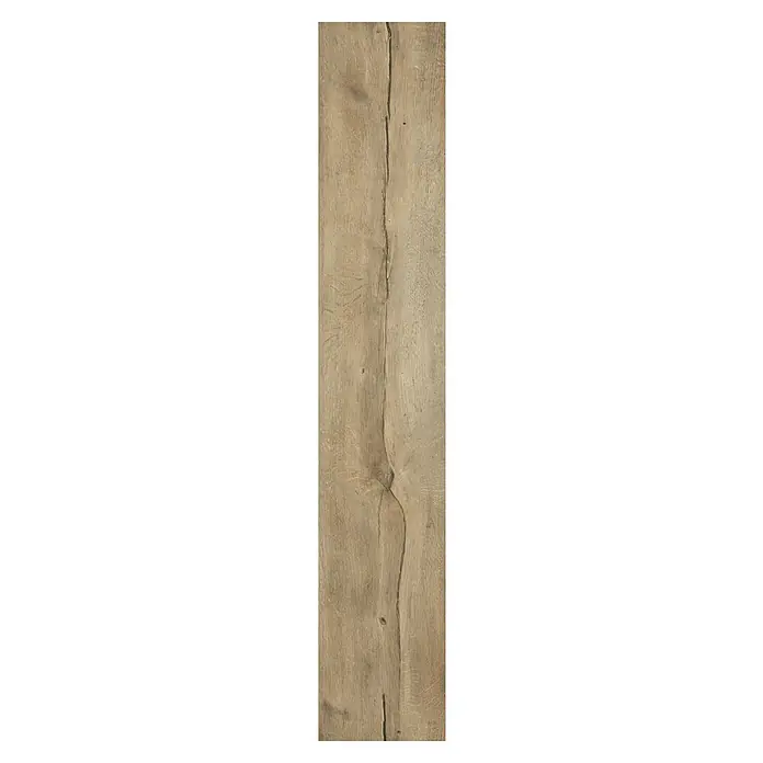LOGOCLIC Laminado Roble Palermo - 1.375 x 188 x 12 mm, Roble Palermo, AC5 - Una sola lámina de madera con una fisura destacada en el centro y un color marrón claro, resaltando las vetas de la madera.