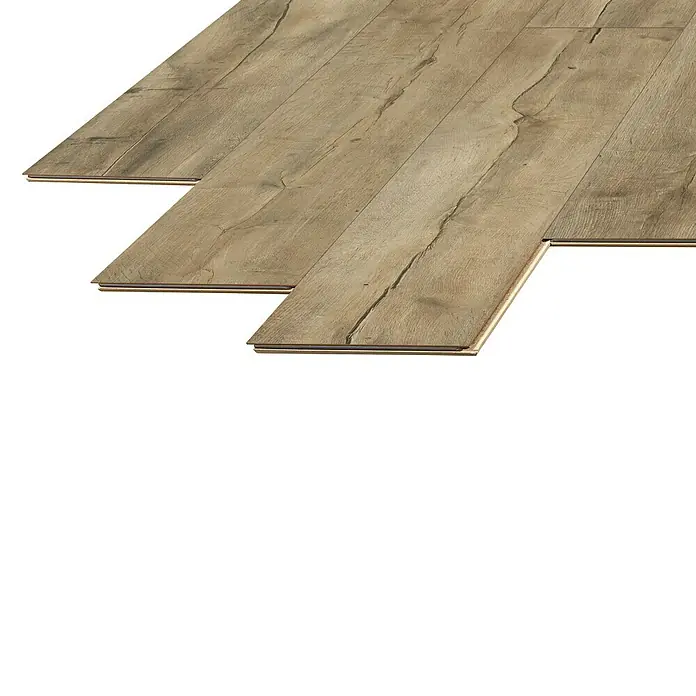 LOGOCLIC Laminado Roble Palermo - 1.375 x 188 x 12 mm, Roble Palermo, AC5 - Esta imagen muestra tablones de suelo laminado en un cálido tono de madera. Los tablones están dispuestos para mostrar sus mecanismos de enclavamiento.