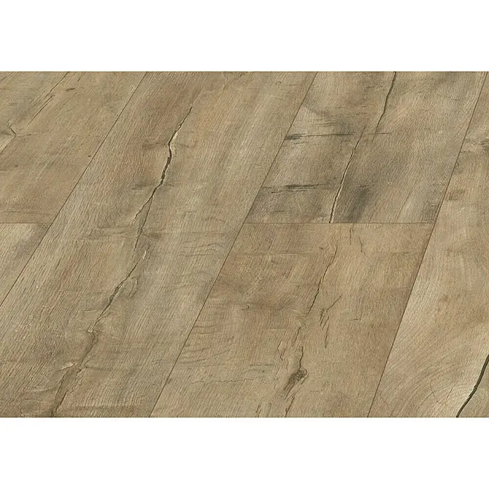 LOGOCLIC Laminado Roble Palermo - 1.375 x 188 x 12 mm, Roble Palermo, AC5 - Primer plano de suelo laminado de madera clara con detalles de grano y ligeras grietas, creando un aspecto natural.