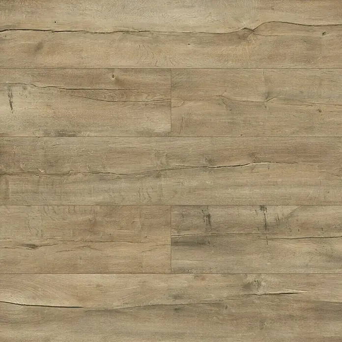 LOGOCLIC Laminado Roble Palermo - 1.375 x 188 x 12 mm, Roble Palermo, AC5 - Imagen de suelo laminado de roble claro con vetas y nudos. Muestra un aspecto de madera moderno pero rústico para pavimentos.