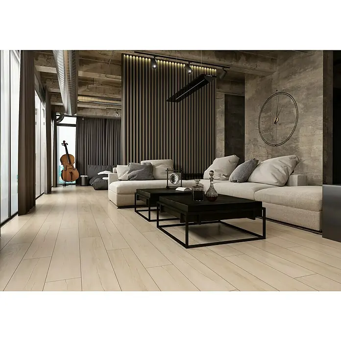 LOGOCLIC Laminado Roble Thermes - 1.375 x 188 x 12 mm, Roble, AC5 - Elegante sala de estar con sofá beige, mesas de centro oscuras y una pared acústica decorativa para un ambiente moderno. La paleta de colores suaves irradia calma.