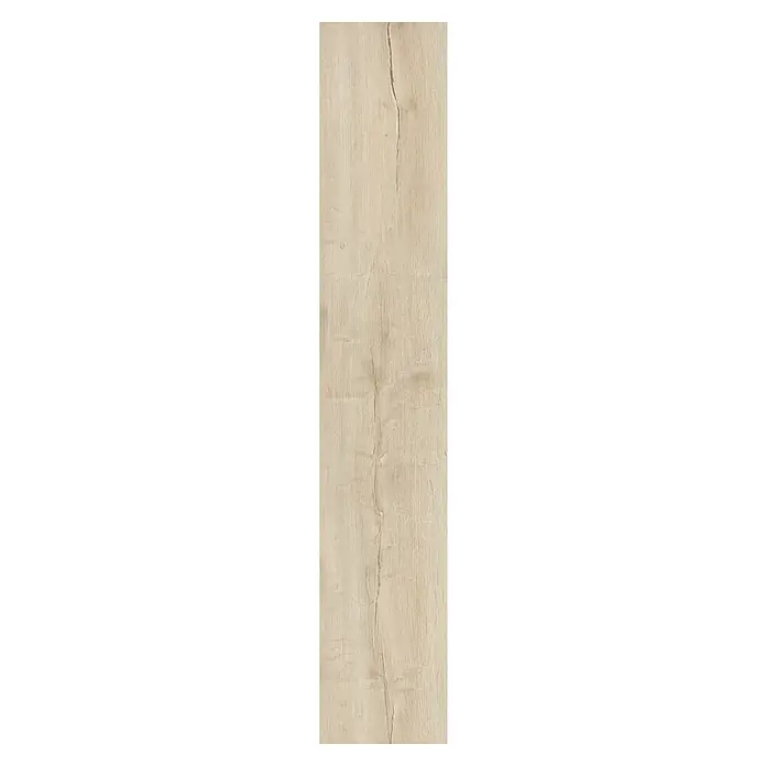 LOGOCLIC Laminado Roble Thermes - 1.375 x 188 x 12 mm, Roble, AC5 - Detalle de un patrón de cerámica en tonos claros, simulando la madera, con una estética rústica y natural.