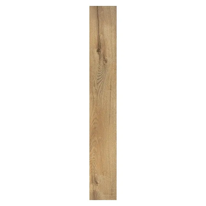 LOGOCLIC Laminado Roble Vulcan - 1.380 x 193 x 8 mm, Roble Vulcan, AC4 - Primer plano de una tabla de madera con prominentes patrones de vetas y variaciones de color naturales, ideal para interiores rústicos.
