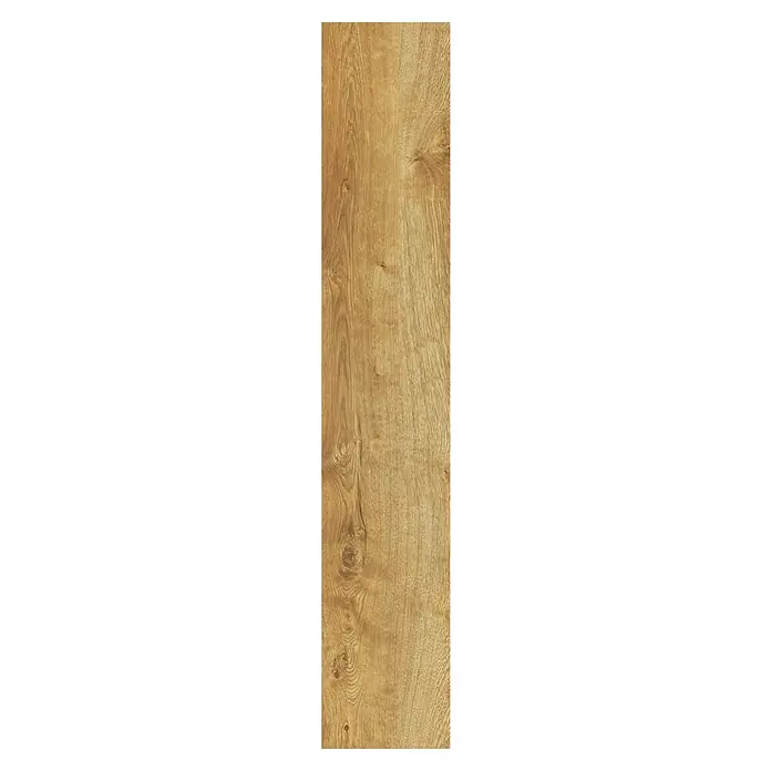 LOGOCLIC Laminado Roble Cascais - 1.380 x 193 x 8 mm, Roble Cascais, AC5 - Vista detallada de una tabla de madera con una cálida veta natural, ideal para suelos y muebles.