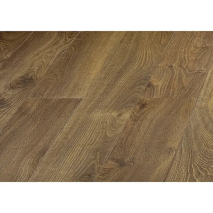 LOGOCLIC Laminado Roble Capri - 1.380 x 193 x 8 mm, AC5 - Primer plano de suelo laminado en tonos marrones cálidos, que muestra una textura realista de veta de madera, creando un ambiente acogedor.