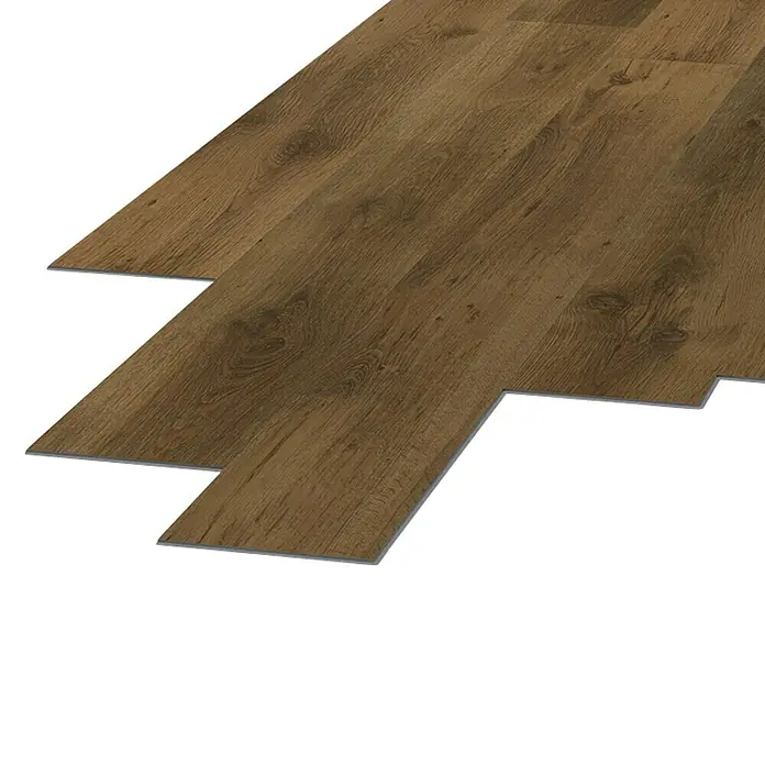 LOGOCLIC Laminado Roble Sutter - 1.380 x 193 x 6 mm, Roble, AC3 - Primer plano de baldosas de vinilo marrón con un diseño de madera realista, creando un ambiente cálido y acogedor.