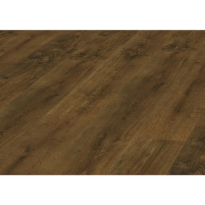 LOGOCLIC Laminado Roble Halley - 1.380 x 193 x 8 mm, Roble, AC4 - Imagen de un suelo laminado oscuro con un patrón realista de vetas de madera, ideal para espacios de vida modernos.