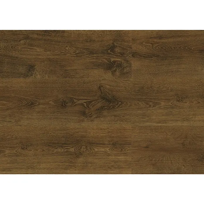 LOGOCLIC Laminado Roble Halley - 1.380 x 193 x 8 mm, Roble, AC4 - Imagen detallada de un suelo de aspecto de madera oscura con vetas para un ambiente natural, cálido y moderno en tu hogar.