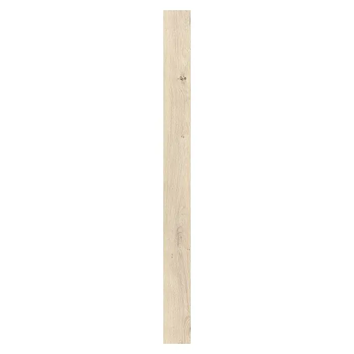 LOGOCLIC Laminado Roble Genuine - 1.380 x 193 x 8 mm, AC5 - Un primer plano de una sola tabla de madera beige, que muestra patrones de vetas naturales y sutiles variaciones de color.