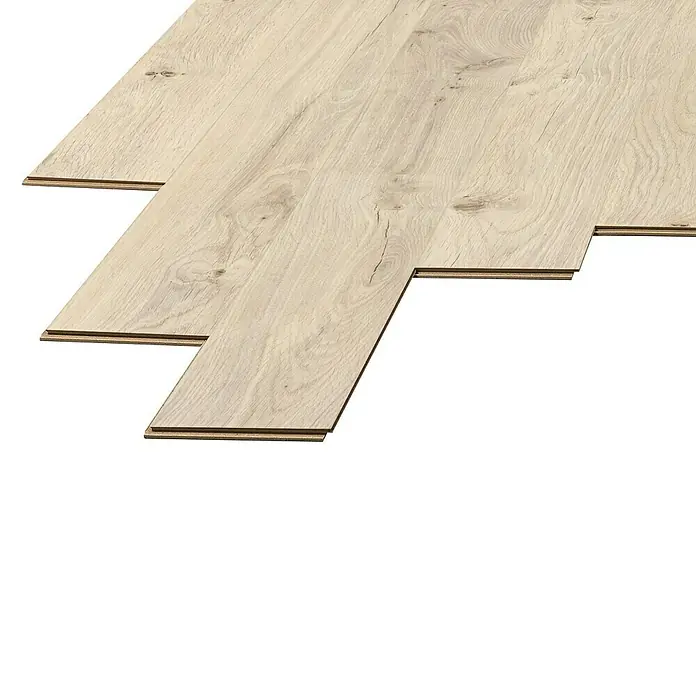 LOGOCLIC Laminado Roble Genuine - 1.380 x 193 x 8 mm, AC5 - La imagen muestra una muestra de suelo laminado, destacando por su apariencia de madera clara y fácil instalación. Ideal para espacios modernos.
