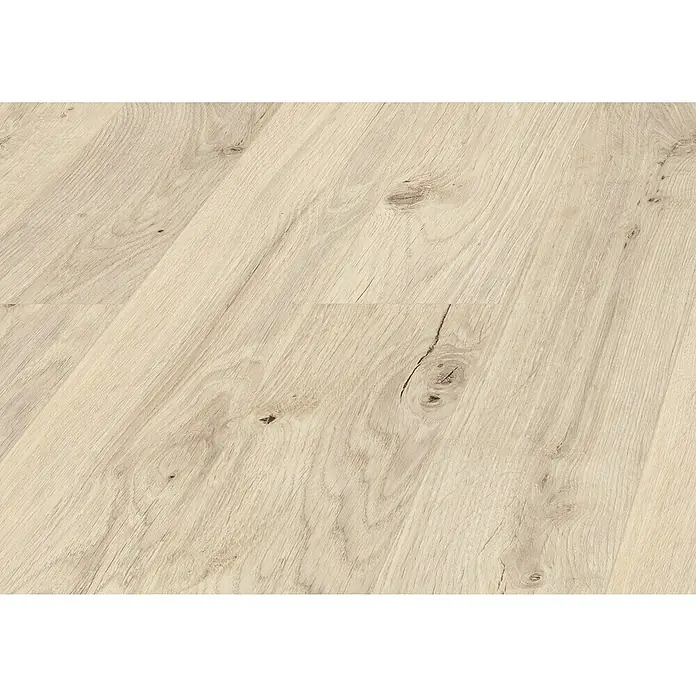 LOGOCLIC Laminado Roble Genuine - 1.380 x 193 x 8 mm, AC5 - Primer plano de un suelo laminado claro con un aspecto de madera natural y agujeros de nudos distintivos, dando carácter al suelo.