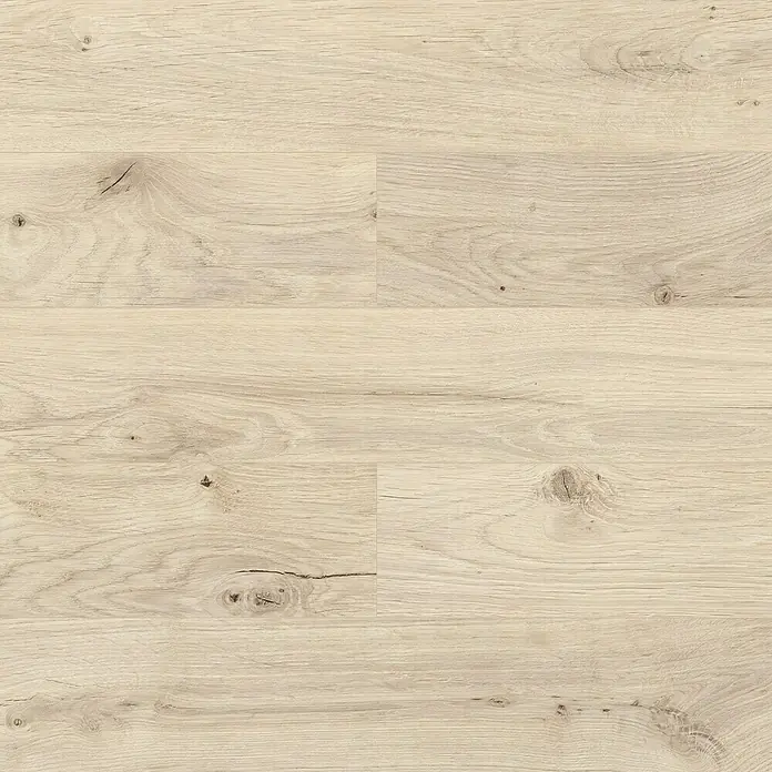 LOGOCLIC Laminado Roble Genuine - 1.380 x 193 x 8 mm, AC5 - Patrón de suelo de madera clara con vetas y nudos prominentes, ideal para interiores modernos.