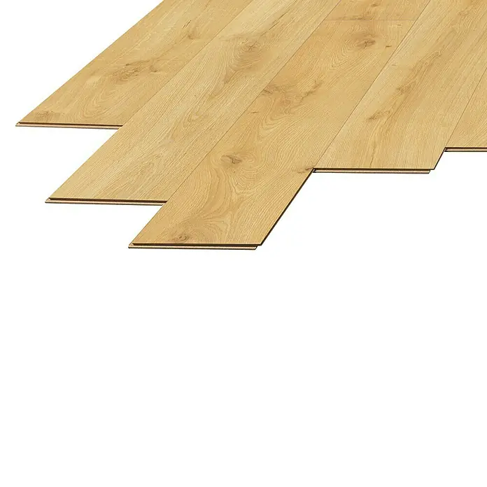 LOGOCLIC Laminado Roble Maui - 1.380 x 193 x 10 mm, Roble, AC5 - Primer plano de un suelo laminado con tonos de madera clara y mecanismos de unión visibles, ideal para interiores modernos.