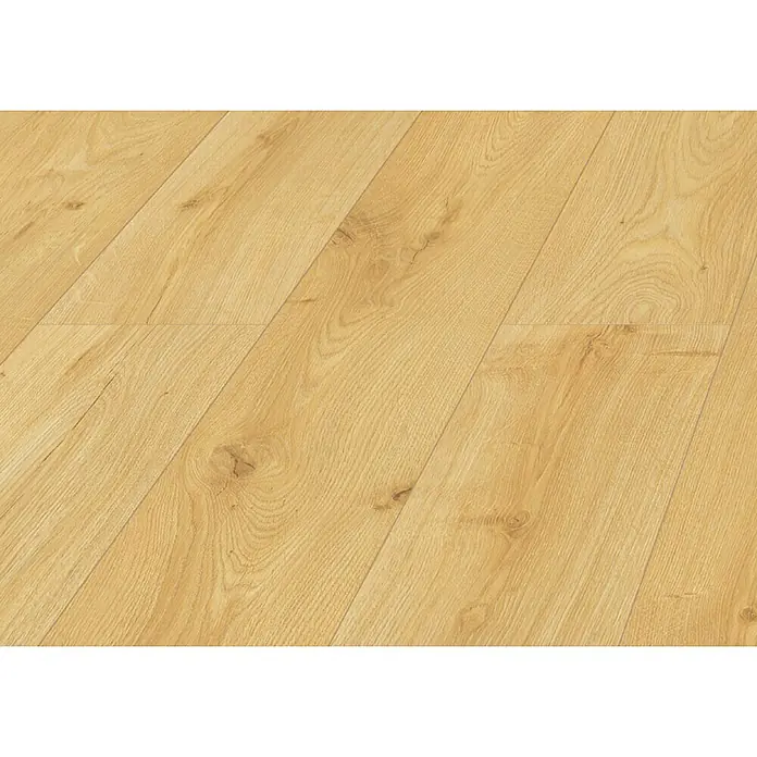 LOGOCLIC Laminado Roble Maui - 1.380 x 193 x 10 mm, Roble, AC5 - Primer plano de un suelo laminado claro que muestra un patrón de grano de madera distinto. Ideal para interiores modernos y clásicos.