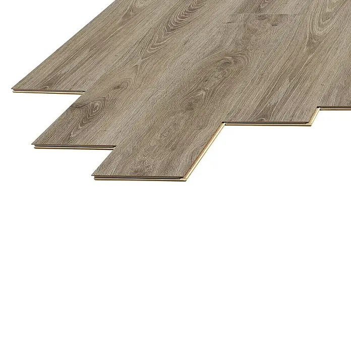 LOGOCLIC Laminado Roble New York - 1.380 x 193 x 8 mm, AC5 - Primer plano de suelo laminado que muestra la textura de la veta de la madera y el sistema de enclavamiento. Ideal para interiores modernos.