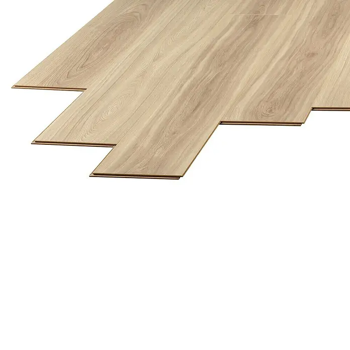 LOGOCLIC Laminado Roble Bosco - 1.380 x 193 x 7 mm, Roble, AC5 - Imagen de suelo laminado claro con vetas de madera, que muestra la fácil instalación con diseño de machihembrado.