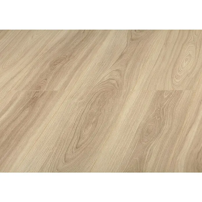 LOGOCLIC Laminado Roble Bosco - 1.380 x 193 x 7 mm, Roble, AC5 - Primer plano de suelo laminado de madera clara, creando un ambiente cálido y acogedor, ideal para espacios de vida modernos.