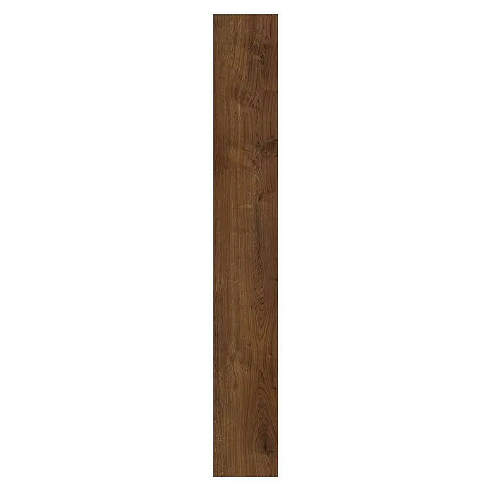 LOGOCLIC Laminado Roble Arábica - 1.380 x 193 x 7 mm, Roble, AC4 - Primer plano de una tabla de madera. La tabla presenta un color marrón cálido y una veta de madera pronunciada, dando al producto un aspecto natural.