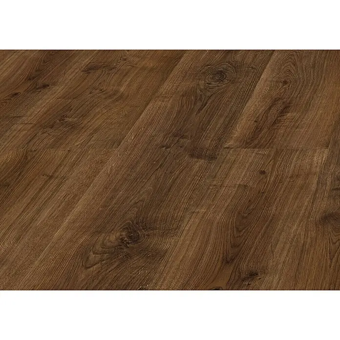LOGOCLIC Laminado Roble Arábica - 1.380 x 193 x 7 mm, Roble, AC4 - Primer plano de suelo laminado marrón con grano de madera y textura para diseño y decoración interior.