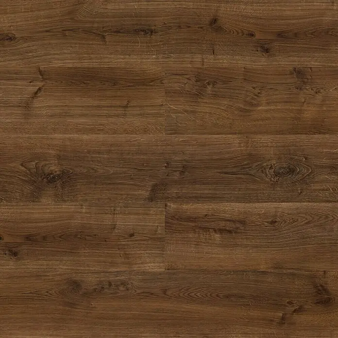 LOGOCLIC Laminado Roble Arábica - 1.380 x 193 x 7 mm, Roble, AC4 - Primer plano de suelo laminado de madera marrón con vetas y nudos.