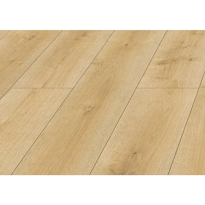 LOGOCLIC Laminado Roble Atelier - 1.380 x 193 x 10 mm, Roble, AC4 - Primer plano de un suelo laminado con aspecto de madera, con su grano natural y tonos cálidos que crean un ambiente acogedor.