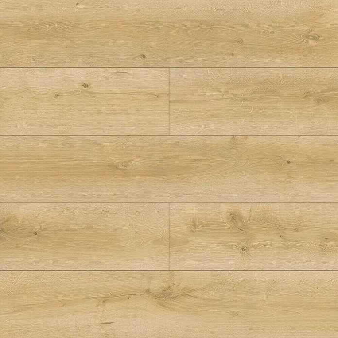 LOGOCLIC Laminado Roble Atelier - 1.380 x 193 x 10 mm, Roble, AC4 - Primer plano de suelo laminado claro que muestra la veta de la madera, ideal para interiores modernos. Duradero y elegante.