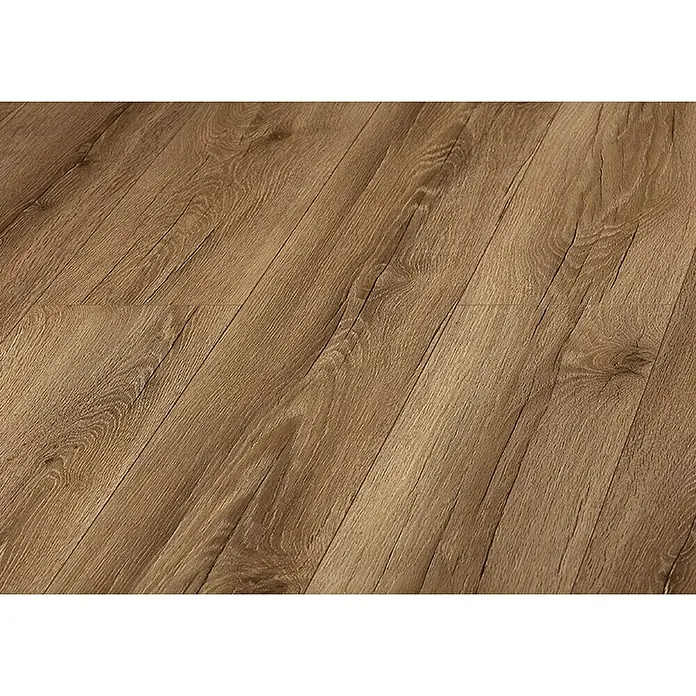 LOGOCLIC Laminado Roble Murano - 1.380 x 193 x 10 mm, Roble, AC4 - Primer plano de un suelo laminado con aspecto de madera. El laminado tiene un grano natural y un color marrón cálido para un ambiente acogedor.