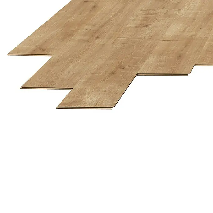 LOGOCLIC Laminado Roble Kobe - 1.380 x 193 x 7 mm, Roble, AC4 - La imagen muestra un suelo laminado con aspecto de madera, capturando la textura y el color de la madera en detalle. Es fácil de instalar gracias a las conexiones clic.