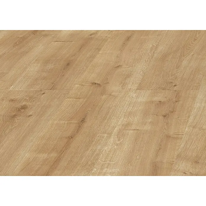 LOGOCLIC Laminado Roble Kobe - 1.380 x 193 x 7 mm, Roble, AC4 - Primer plano de suelo laminado claro con un patrón de vetas de madera. La textura del piso muestra tonos marrones cálidos.
