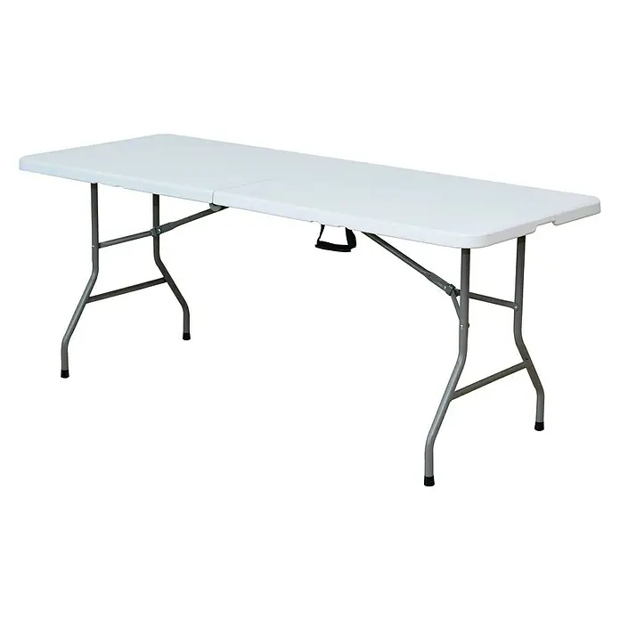 Mesa de jardín Every - L x An x Al: 180 x 75 x 74 cm, Acero/HDPE, Blanco roto, Abatible - Mesa de camping plegable rectangular blanca con estructura metálica gris. Práctica para fiestas en el jardín o vacaciones de camping.