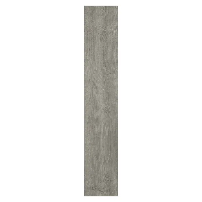 LOGOCLIC Laminado Roble Wembley - 1.380 x 193 x 10 mm, AC4 - Imagen de una sola baldosa gris alargada con un patrón de vetas de madera pronunciado que proporciona un aspecto natural y elegante.