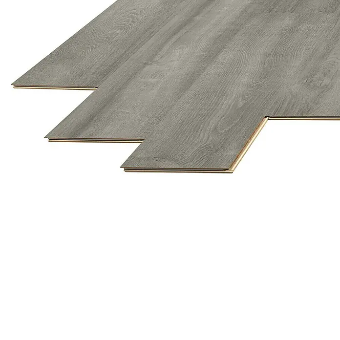 LOGOCLIC Laminado Roble Wembley - 1.380 x 193 x 10 mm, AC4 - Primer plano de suelo laminado gris con sistema de clic, ideal para interiores modernos y fácil instalación.