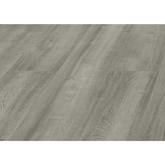 LOGOCLIC Laminado Roble Wembley - 1.380 x 193 x 10 mm, AC4 - Primer plano de piso laminado gris, destacando su grano de madera natural y textura. Ideal para interiores modernos.