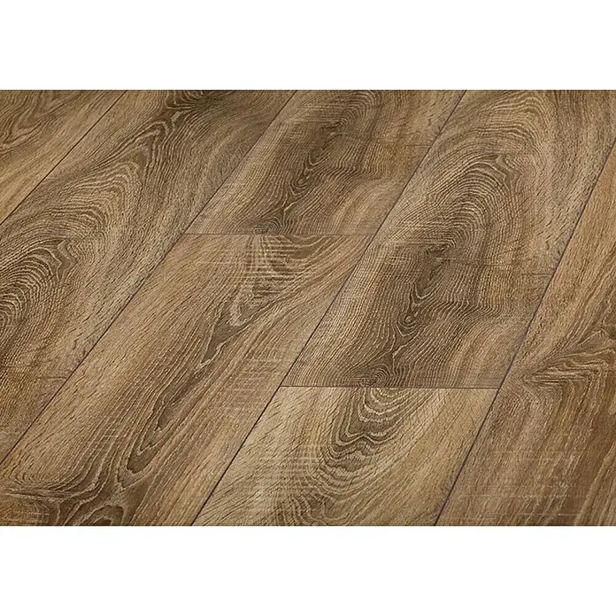 LOGOCLIC Laminado Roble Galia - 1.380 x 193 x 10 mm, Roble, AC4 - Primer plano de suelo laminado en tonos marrones cálidos, mostrando un diseño de madera natural con veta y textura.\n