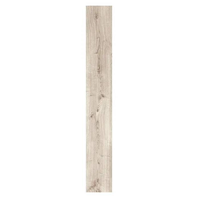 LOGOCLIC Laminado Roble Calgary - 1.380 x 193 x 7 mm, AC5 - Primer plano de una tabla de madera con vetas en tonos claros, ideal para suelos o revestimientos de paredes.